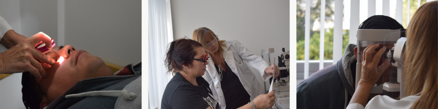 Imagenes ilustrativas de la atención médica en Fundación Zambrano. Evaluación en consultorio con un oftaloscopio binocular y una lámpara de hendidura.